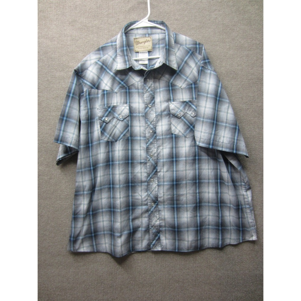 Wrangler Mens 3XL Western Snap Shirt Blue Grey Plaid Short Sleeve WM891GY